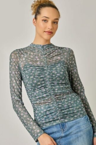 Mystree – Ditsy Floral Mock Neck Top in Hazel Green